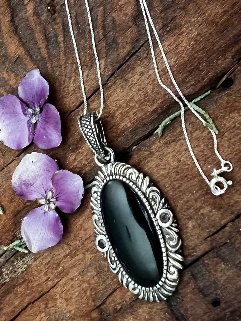 Barse Thailand Necklace Black Ónix Jet Pendant Medallion Sterling Box Chain 18”